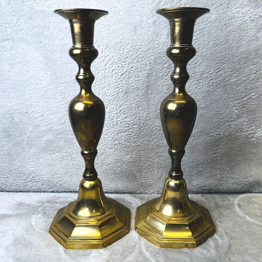 Vtg. Brass Candlesticks Pair 12 Inch Altar Hexagon Base Baluster Stem India Gold